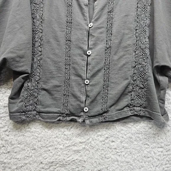 Aerie Womens Gray Crop Tshirt Size XS Crochet Lace Casual Button Up - Picture 3 of 10